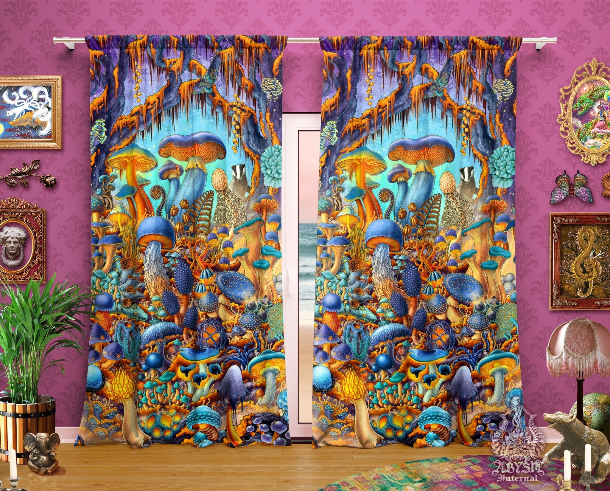 Mushrooms Blackout Curtains, Long Window Panels, Micology Art Print, Indie Shop, Home and Kids Room Decor - Magic Shrooms, Cyan and Gold - Abysm Internal