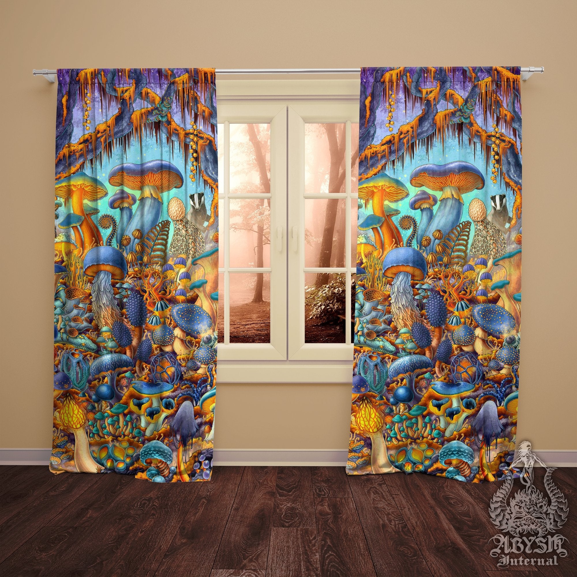 Mushrooms Blackout Curtains, Long Window Panels, Micology Art Print, Indie Shop, Home and Kids Room Decor - Magic Shrooms, Cyan and Gold - Abysm Internal