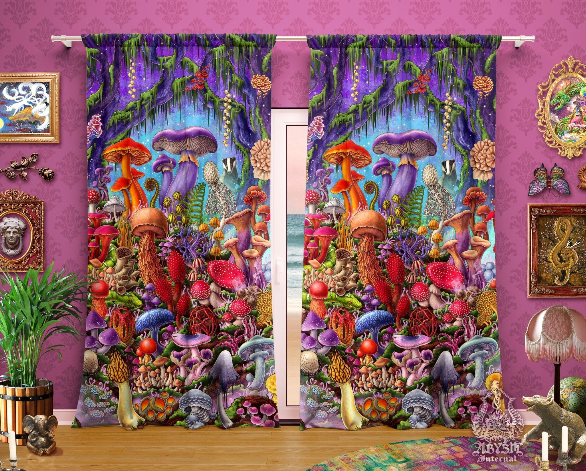 Mushrooms Blackout Curtains, Long Window Panels, Micology Art Print, Indie Shop, Home and Room Decor - Magic Shrooms, Original - Abysm Internal