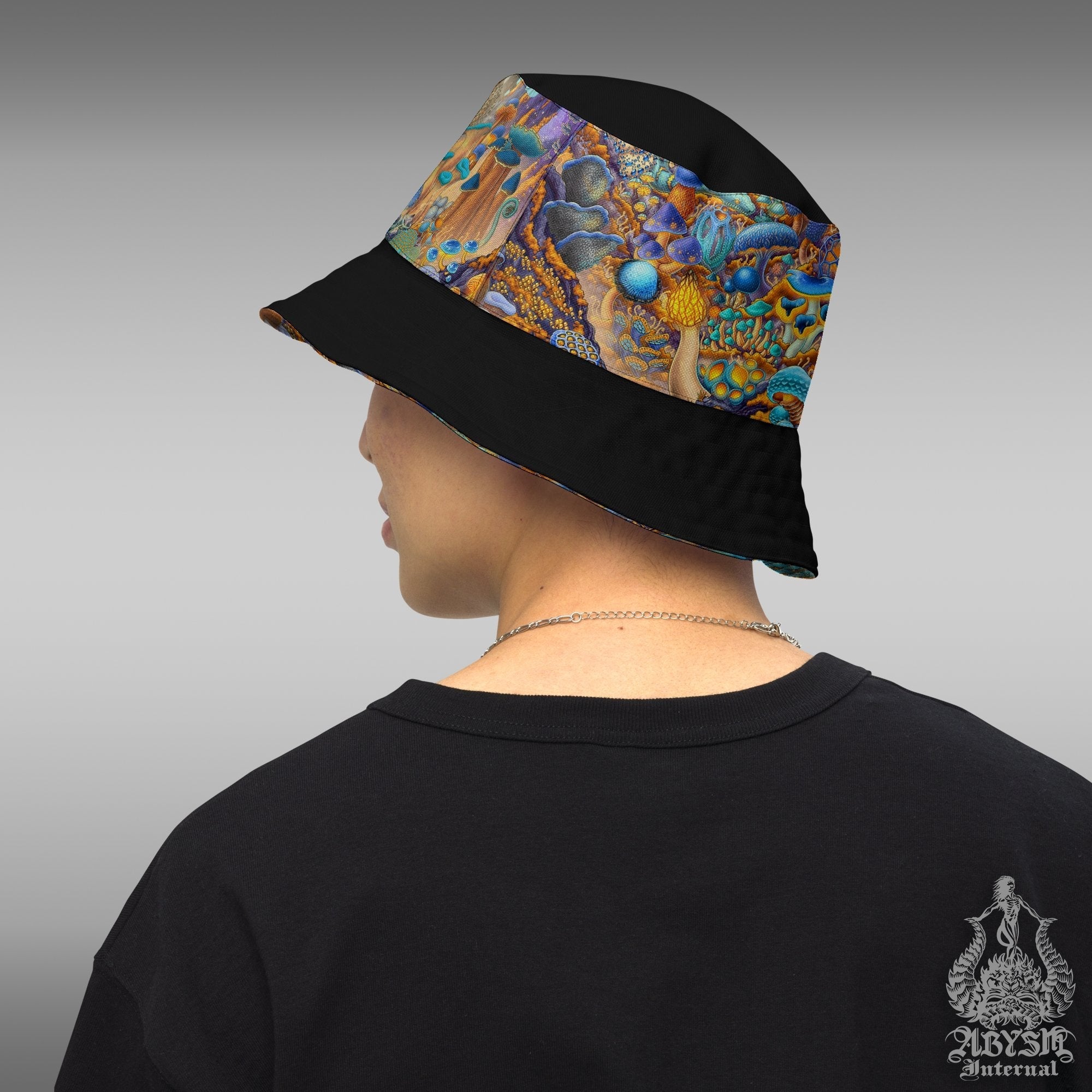 Mushrooms Bucket Hat, Psychedelic Streetwear, Magic Shrooms Summer Hat, Indie Beach Accessory with Linen feel, Reversible & Unisex - Colorful - Abysm Internal