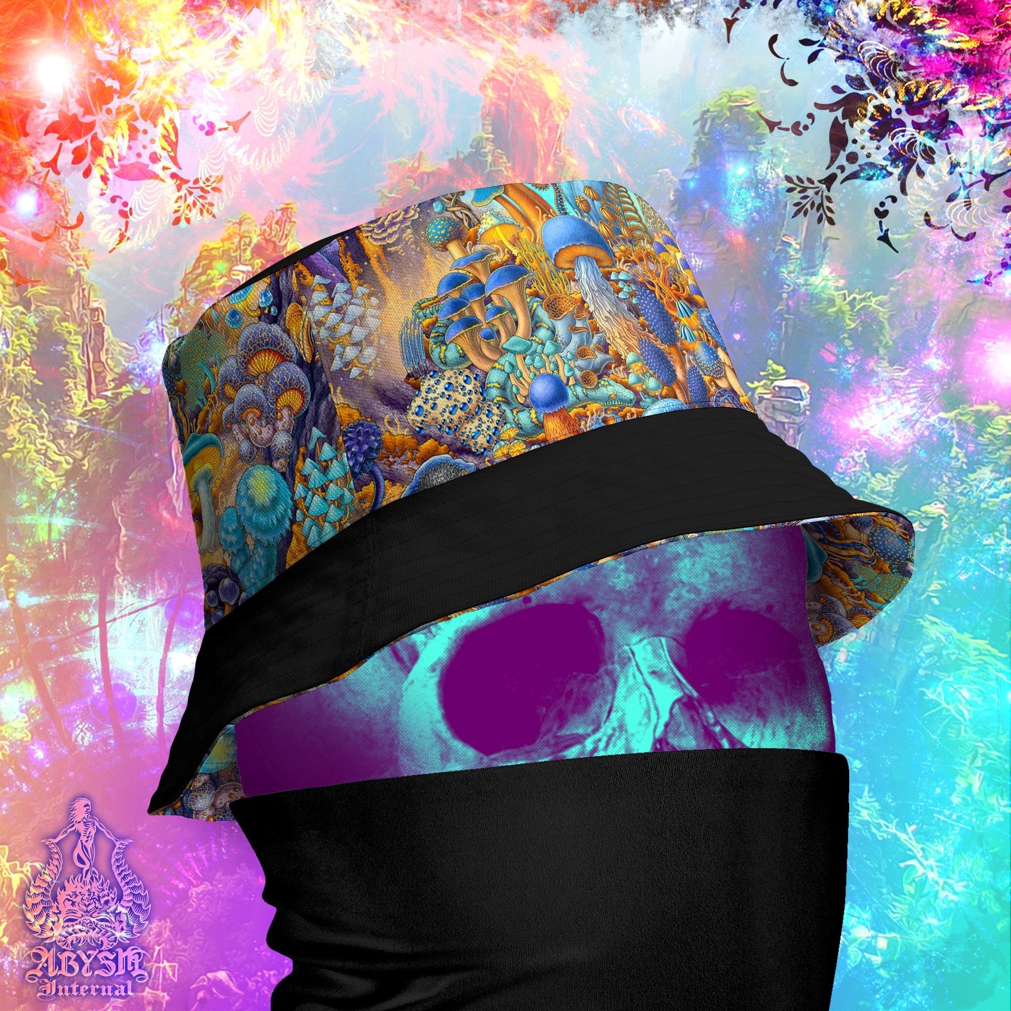Mushrooms Bucket Hat, Psychedelic Streetwear, Magic Shrooms Summer Hat, Indie Beach Accessory with Linen feel, Reversible & Unisex - Colorful - Abysm Internal