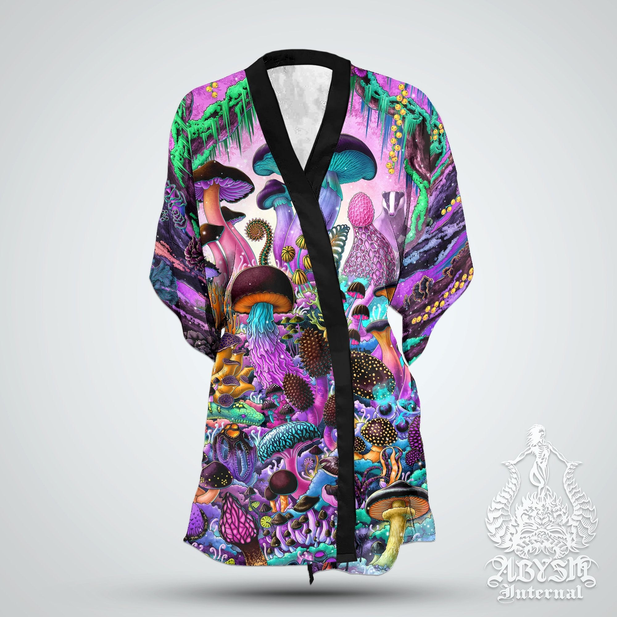 Mushrooms Cover Up, Aesthetic Outfit, Indie Party Kimono, Summer Festival Robe, Psychedelic Magic Shrooms Gift, Alternative Clothing, Unisex - Pastel Black - Abysm Internal