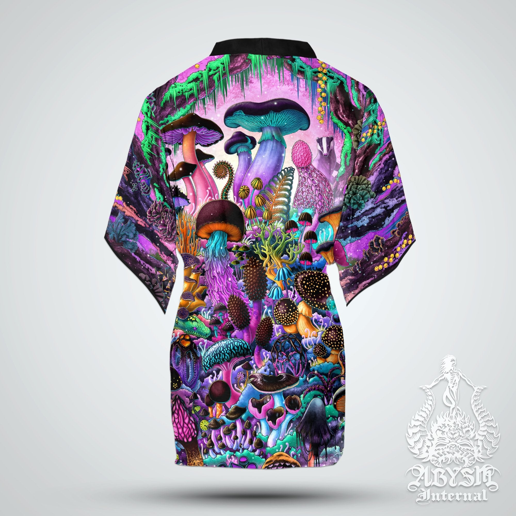 Mushrooms Cover Up, Aesthetic Outfit, Indie Party Kimono, Summer Festival Robe, Psychedelic Magic Shrooms Gift, Alternative Clothing, Unisex - Pastel Black - Abysm Internal