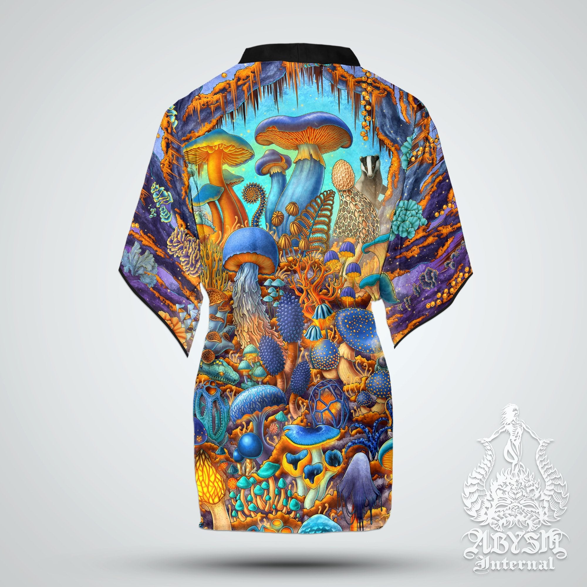 Mushrooms Cover Up, Mycologyst Gift, Biology Teacher Outfit, Hippie Party Kimono, Summer Festival Robe, Magic Shrooms, Mycology Art, Alternative Clothing, Unisex - Cyan and Gold - Abysm Internal