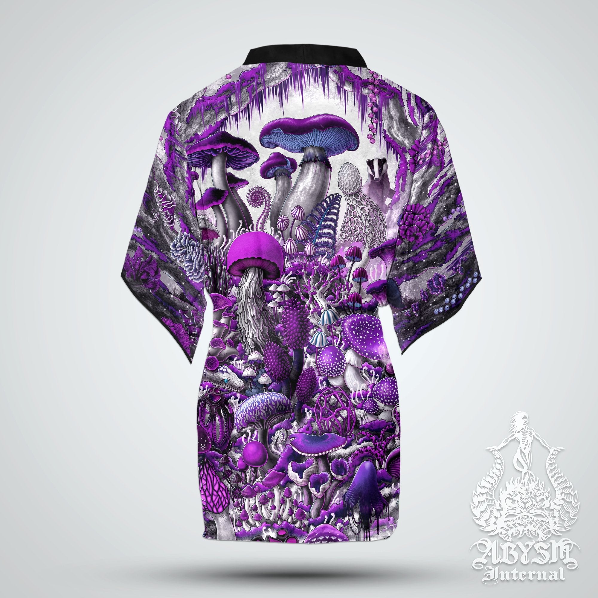 Mushrooms Cover Up, White Goth Outfit, Indie Party Kimono, Summer Festival Robe, Mycology Art, Biology Gift, Alternative Clothing, Unisex - Purple - Abysm Internal