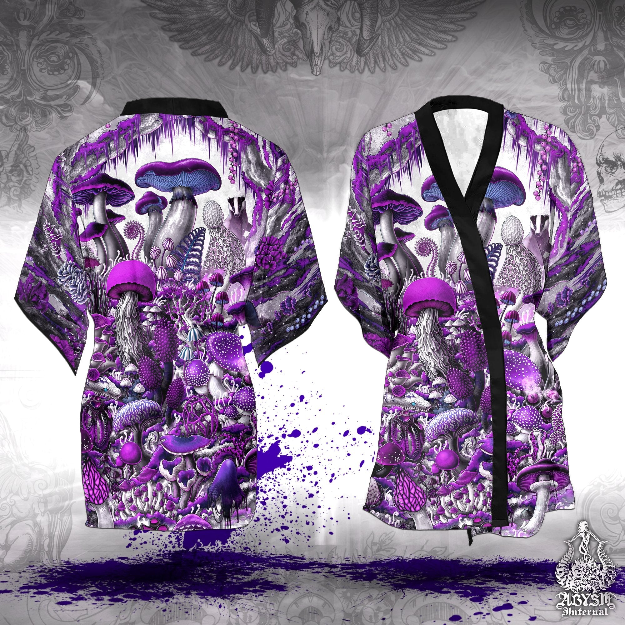 Mushrooms Cover Up, White Goth Outfit, Indie Party Kimono, Summer Festival Robe, Mycology Art, Biology Gift, Alternative Clothing, Unisex - Purple - Abysm Internal