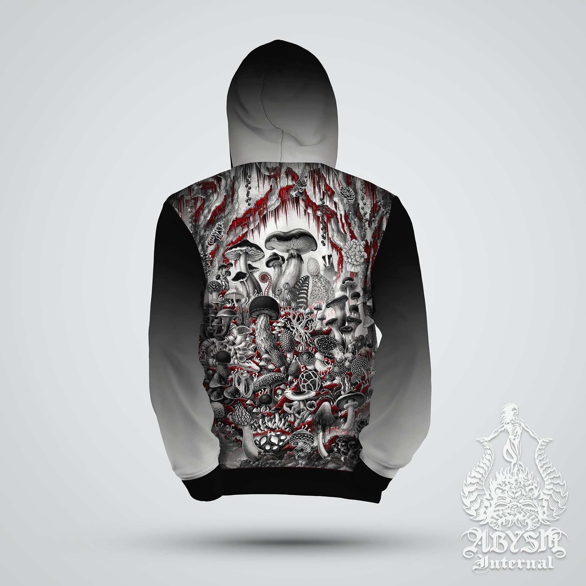 Mushrooms Hoodie, Gothic Outfit, White Goth Festival Streetwear, Alternative Clothing, Unisex, Biology Teacher and Mycologist Gift - Black - Abysm Internal