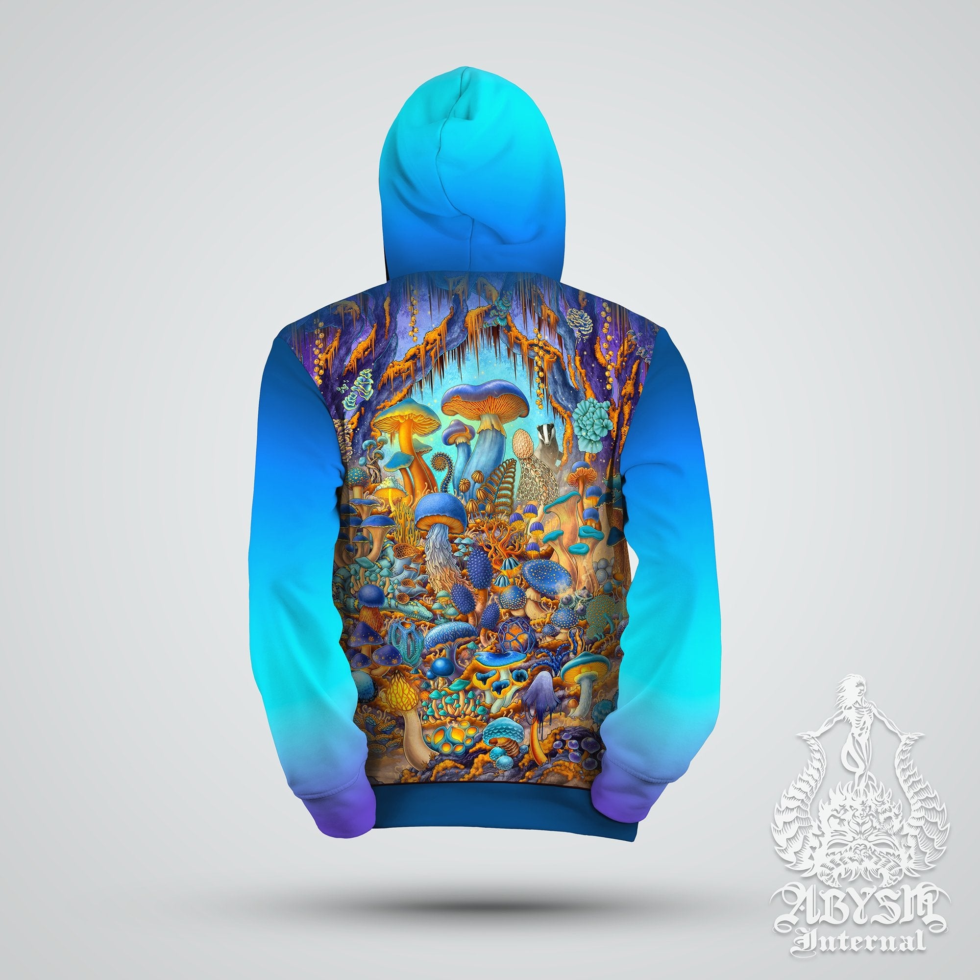 Mushrooms Hoodie, Trippy Outfit, Psychedelic Magic Shrooms, Indie Festival Streetwear, Alternative Clothing, Unisex, Mycologist Gift - Cyan Gold - Abysm Internal
