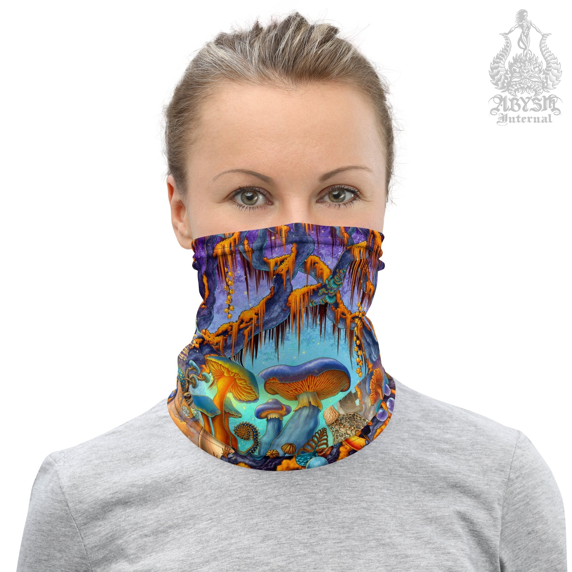 Mushrooms Neck Gaiter, Face Mask, Head Covering, Magic Shrooms Art, Indie Festival Outfit, Mycologyst Gift - Cyan and Gold - Abysm Internal