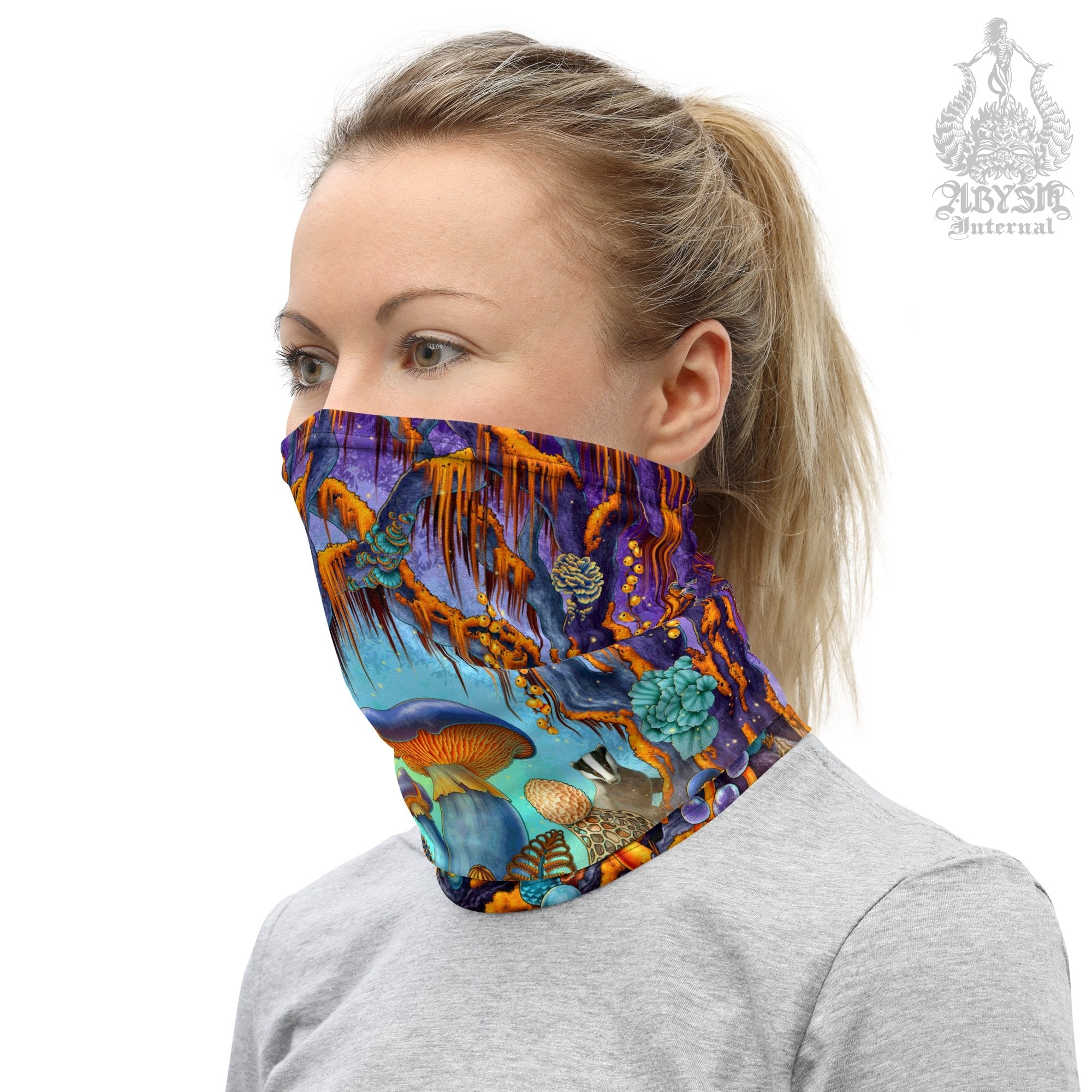 Mushrooms Neck Gaiter, Face Mask, Head Covering, Magic Shrooms Art, Indie Festival Outfit, Mycologyst Gift - Cyan and Gold - Abysm Internal