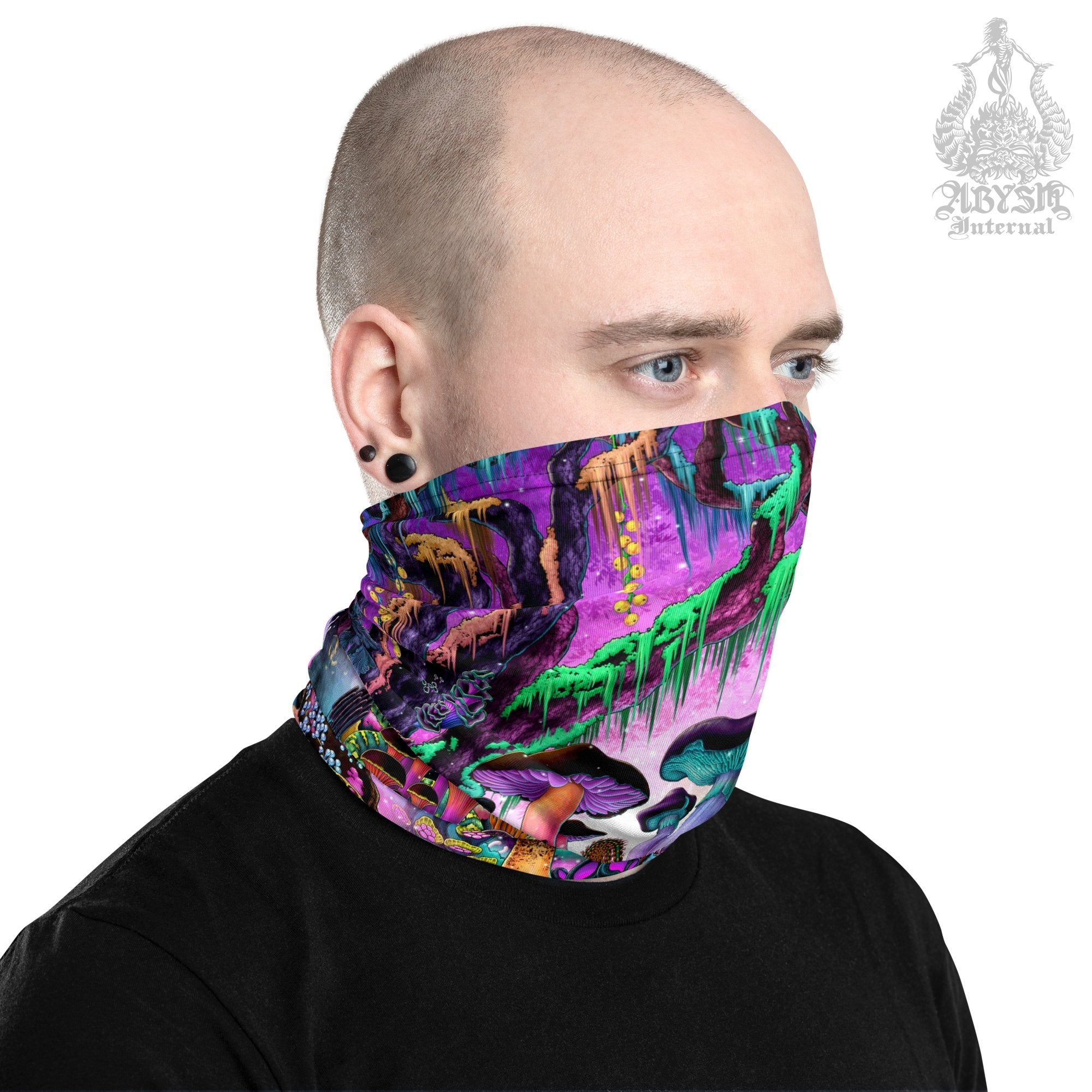 Mushrooms Neck Gaiter, Magic Shrooms Face Mask, Pastel Head Covering, Psychedelic Festival Outfit - Black - Abysm Internal