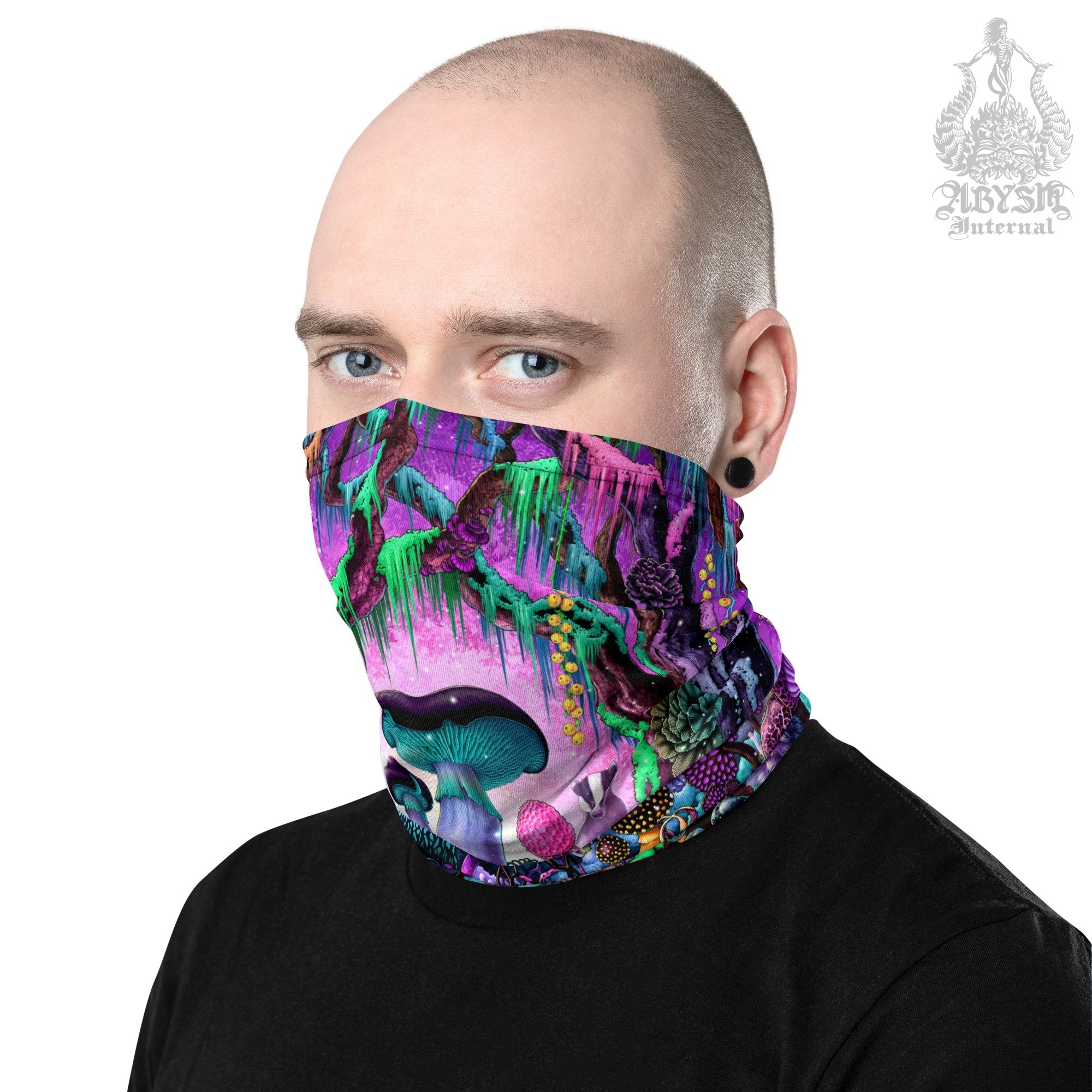 Mushrooms Neck Gaiter, Magic Shrooms Face Mask, Pastel Head Covering, Psychedelic Festival Outfit - Black - Abysm Internal