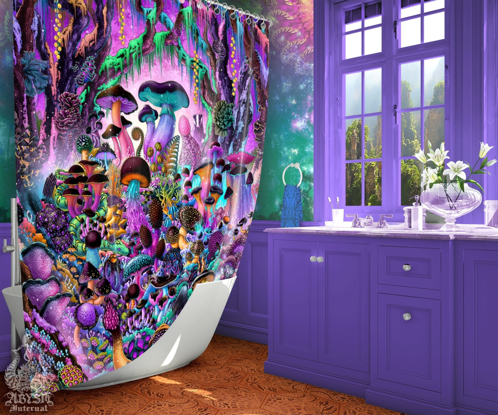 Mushrooms Shower Curtain, Girl Bathroom Decor, Aesthetic Home Art, Mycologist Gift - Pastel Black Magic Shrooms - Abysm Internal