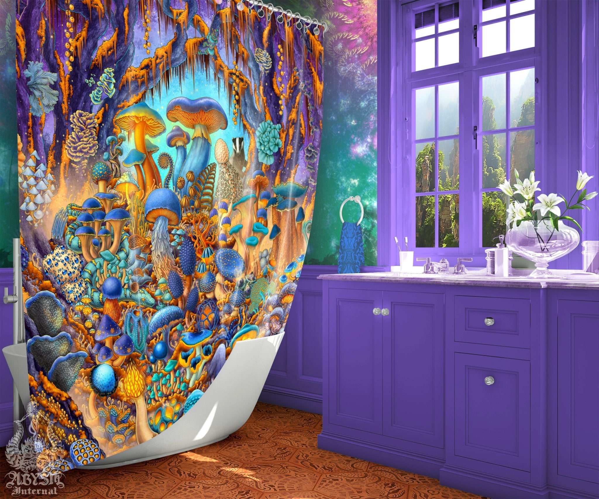 Mushrooms Shower Curtain, Kids Bathroom Decor, Fantasy Home Art, Mycology Print, Mycologist Gift - Magic Shrooms, Cyan and Gold - Abysm Internal