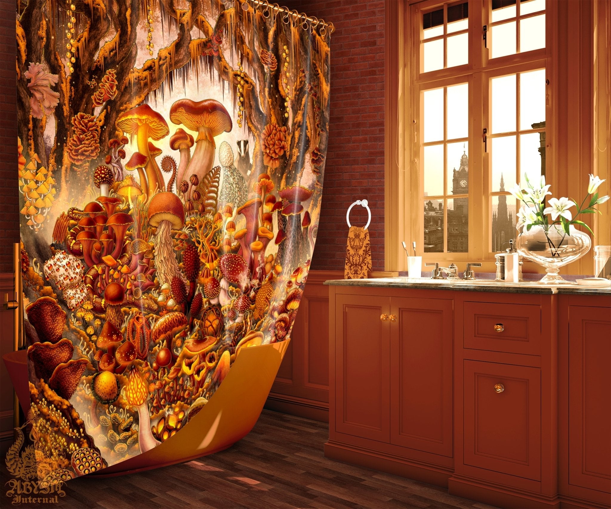 Mushrooms Shower Curtain, Kids Bathroom Decor, Fantasy Home Art, Mycology Print, Mycologist Gift - Magic Shrooms, Steampunk - Abysm Internal