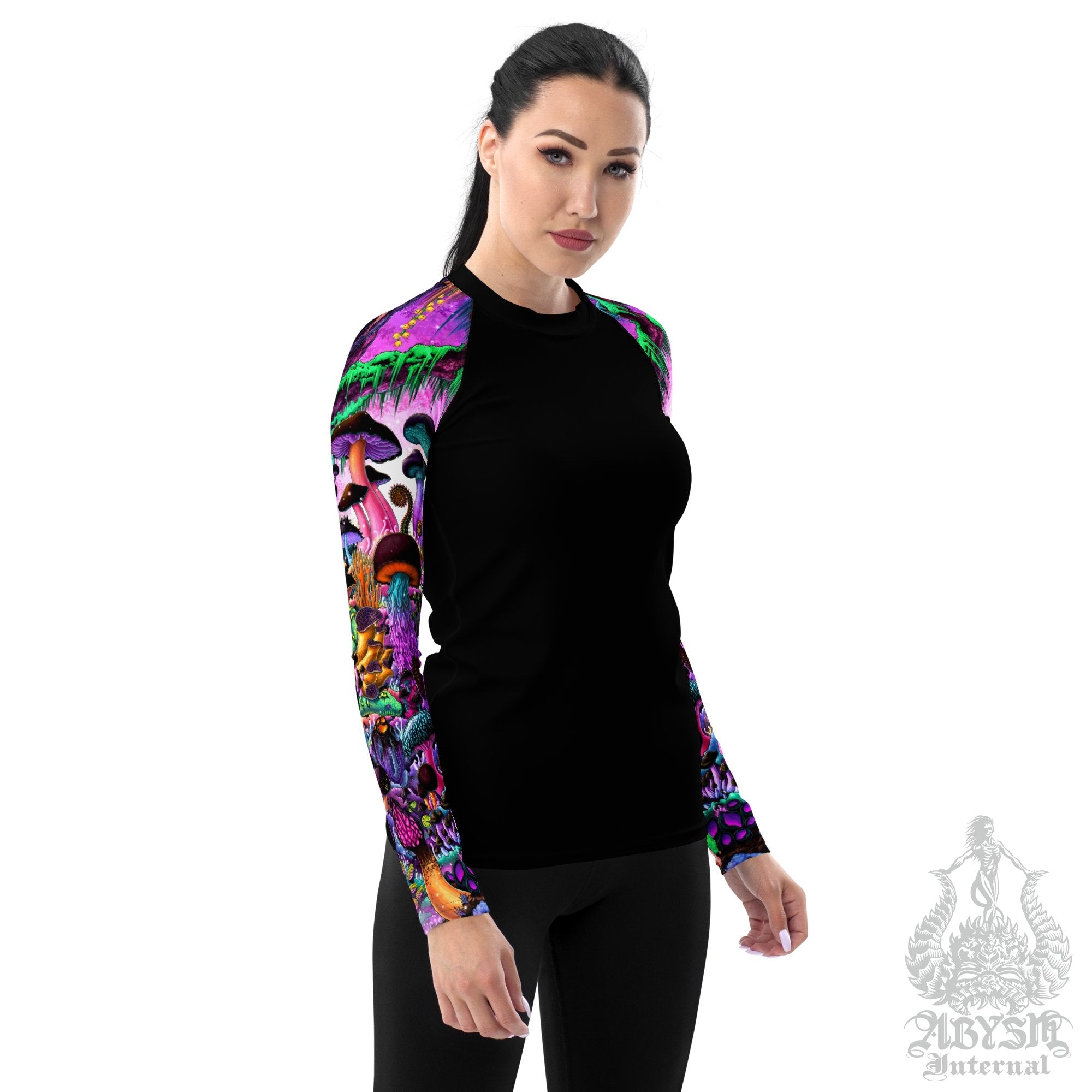 Mushrooms Sleeves Women's Rash Guard, Pastel and Black Long Sleeve spandex shirt for surfing, swimsuit top for water sports, Fantasy Art - Magic Shrooms - Abysm Internal