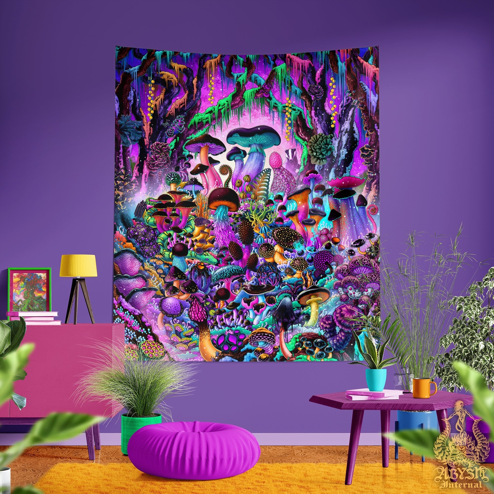 Mushrooms Tapestry, Girl Room Decor, Magic Shrooms Wall Hanging, Aesthetic Home Decor, Psychedelic Art Print - Pastel Black - Abysm Internal