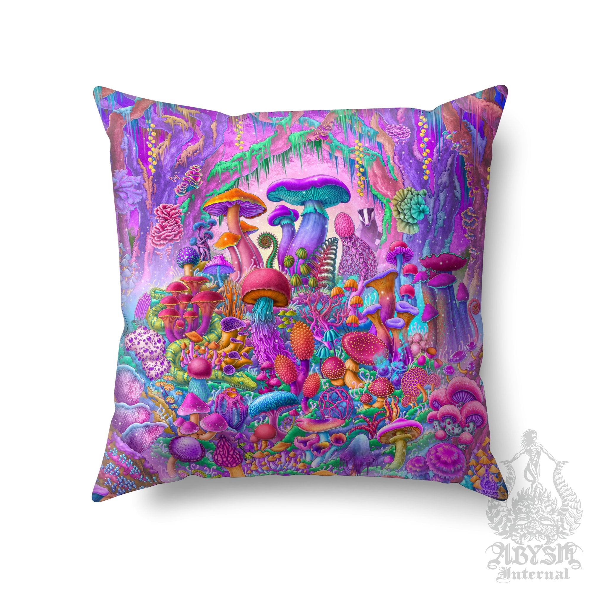 Mushrooms Throw Pillow, Aesthetic Decorative Accent Cushion, Pastel Girl's Room Decor, Psychedelic Magic Shrooms Art Print - Abysm Internal
