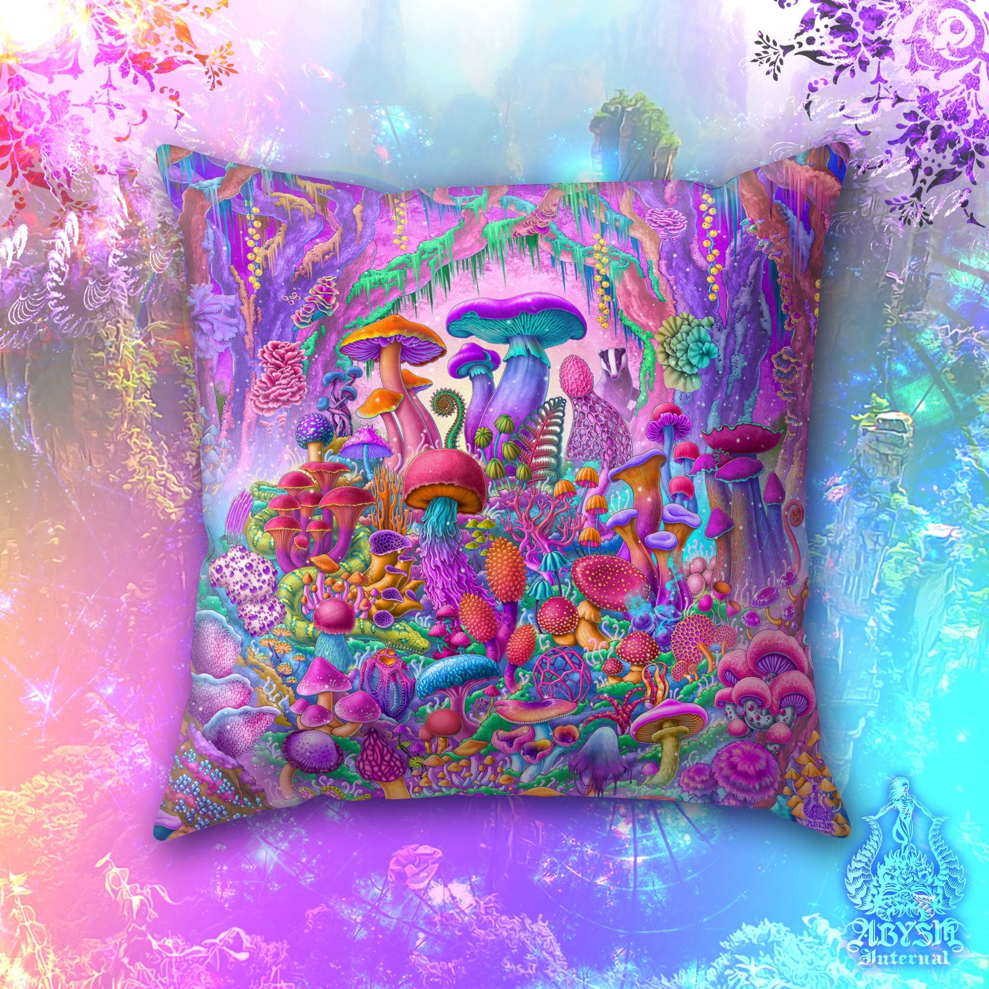 Mushrooms Throw Pillow, Aesthetic Decorative Accent Cushion, Pastel Girl's Room Decor, Psychedelic Magic Shrooms Art Print - Abysm Internal