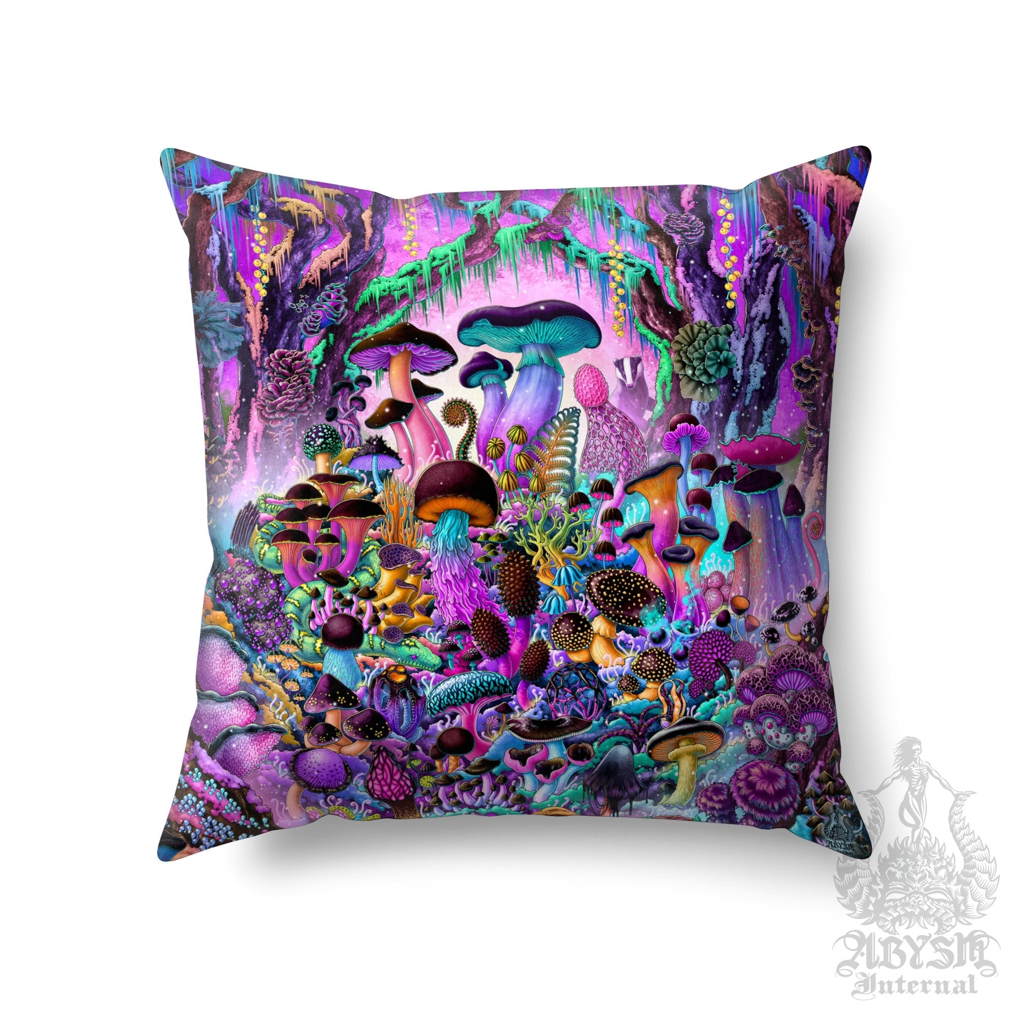 Mushrooms Throw Pillow, Aesthetic Decorative Accent Cushion, Psychedelic Room Decor, Magic Shrooms Art Print - Pastel Black - Abysm Internal