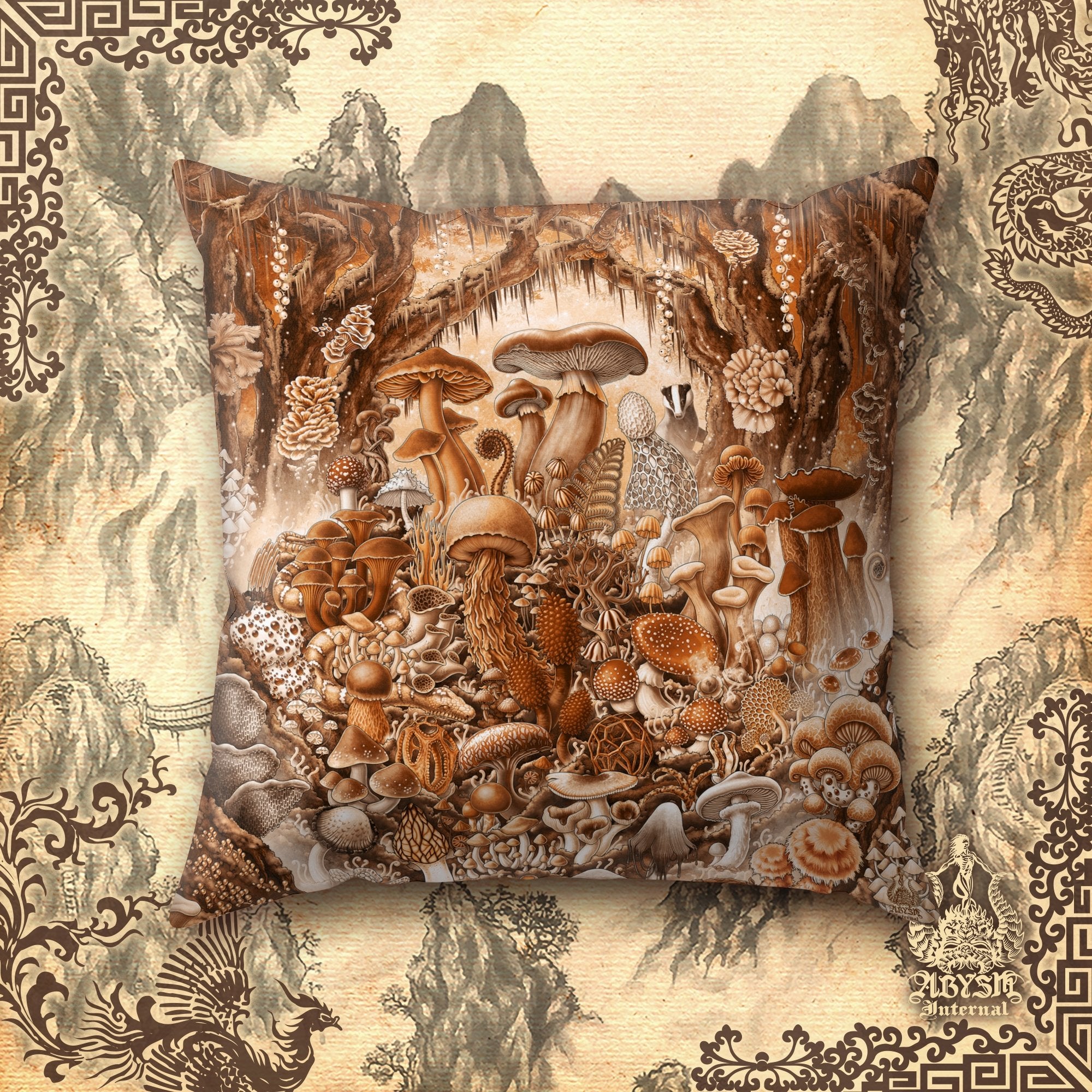 Mushrooms Throw Pillow, Decorative Accent Cushion, Indie Room Decor, Mycology Art Print, Mycologist Gift - Cream - Abysm Internal