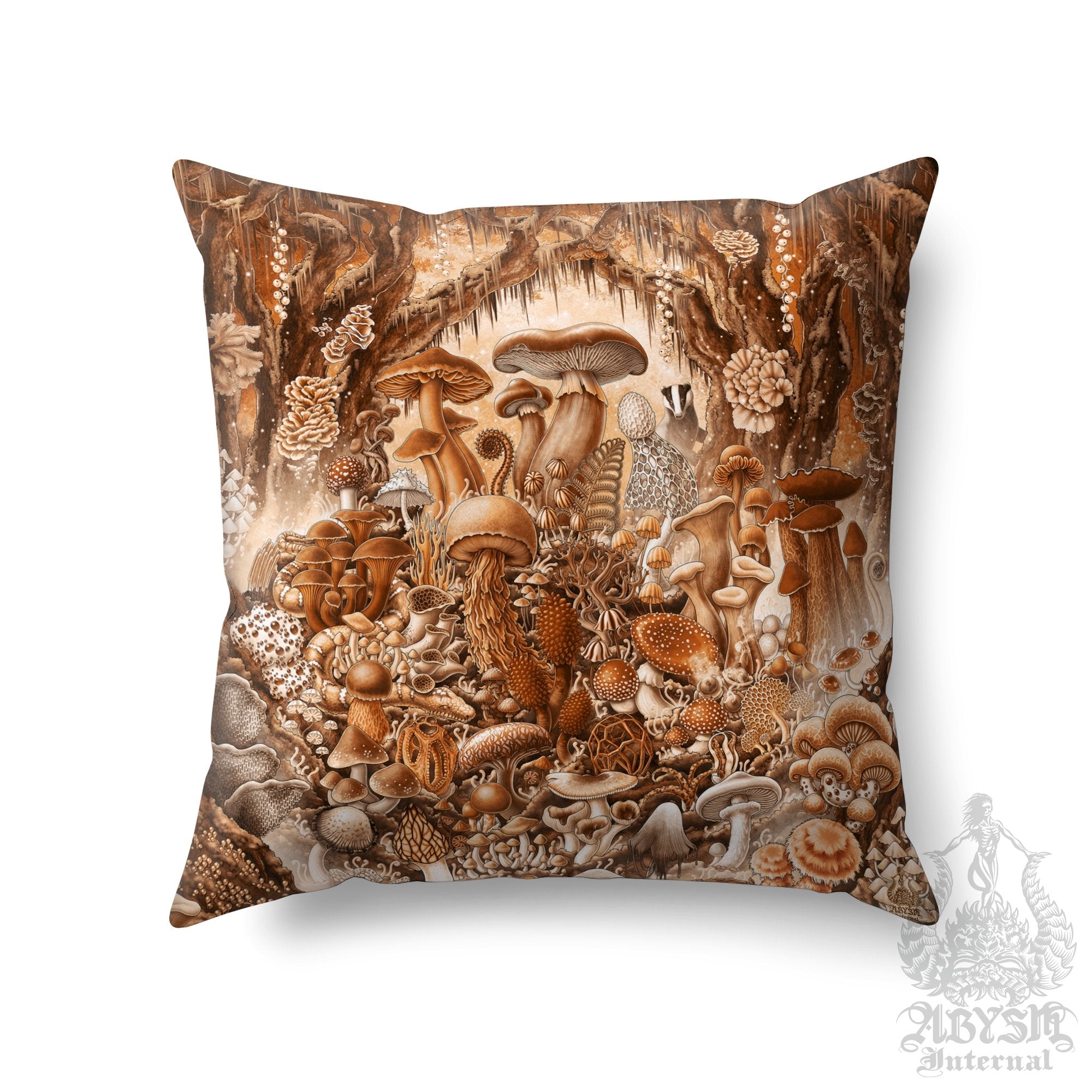Mushrooms Throw Pillow, Decorative Accent Cushion, Indie Room Decor, Mycology Art Print, Mycologist Gift - Cream - Abysm Internal
