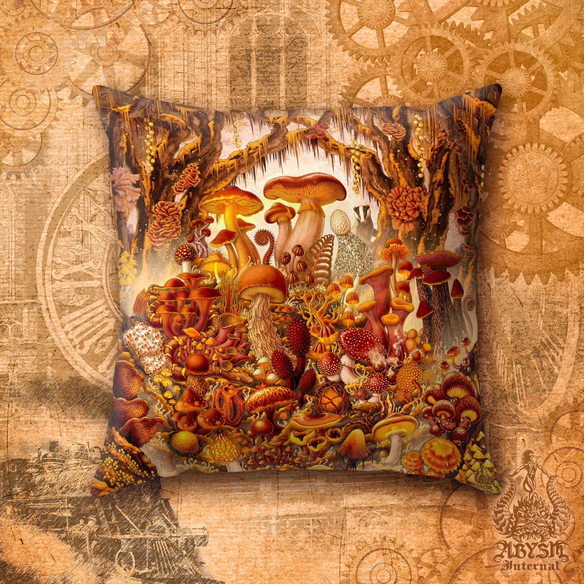 Mushrooms Throw Pillow, Decorative Accent Cushion, Indie Room Decor, Mycology Art Print, Mycologist Gift - Steampunk - Abysm Internal