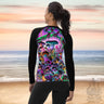 Mushrooms Women's Rash Guard, Pastel and Black Long Sleeve spandex shirt for surfing, swimsuit top for water sports, Fantasy Art - Magic Shrooms - Abysm Internal