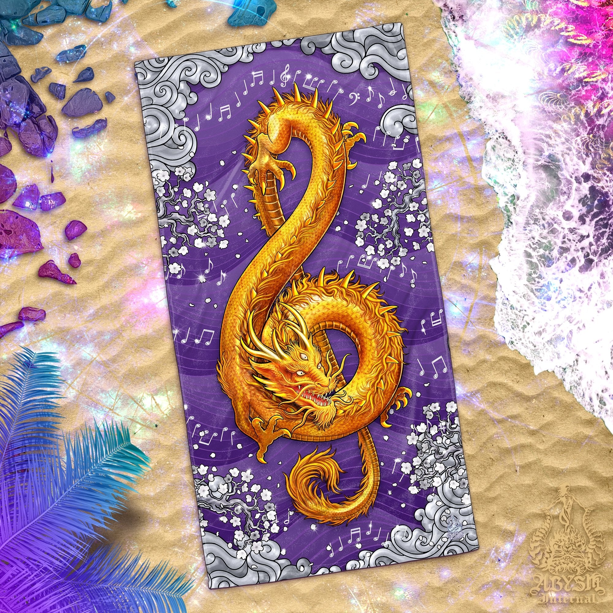 Music Beach Towel, Dragon Art, Treble Clef, Asian Dragon - Purple Gold - Abysm Internal