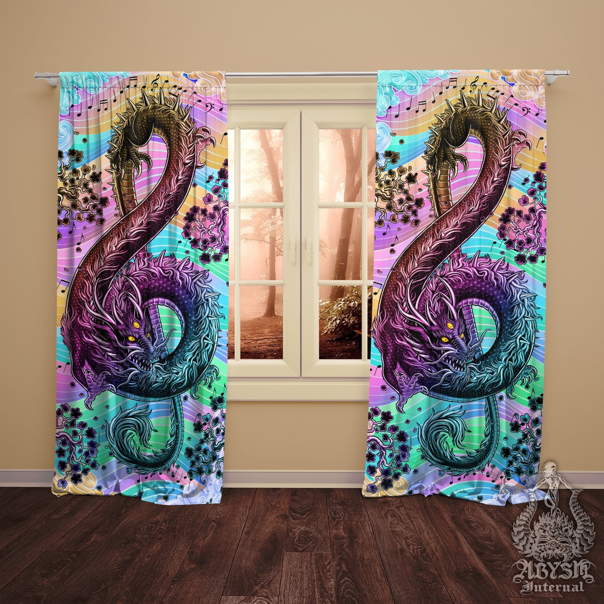 Music Blackout Curtains, Long Window Panels, Treble Clef, Music Art Print, Kawaii Gamer Room Decor, Funky and Eclectic Home Decor - Pastel Punk Black Dragon - Abysm Internal