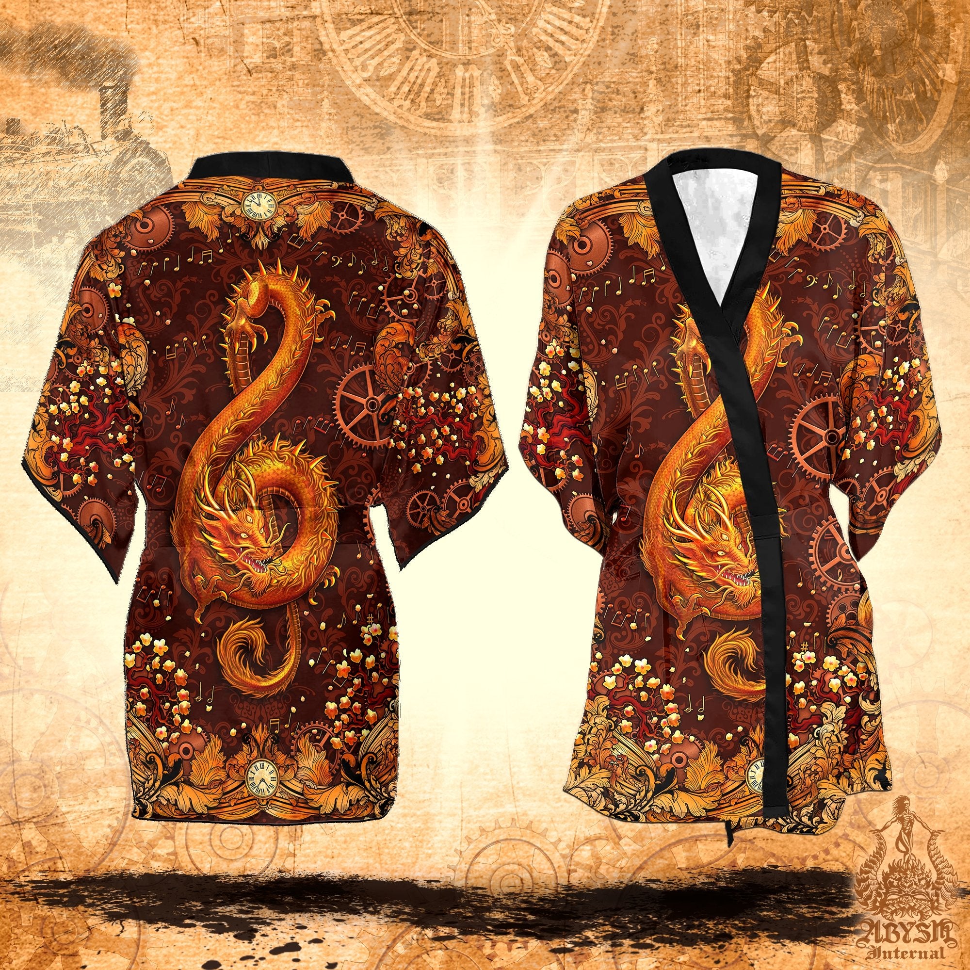 Music Cover Up, Beach Outfit, Party Kimono, Summer Festival Robe, Boho Indie and Alternative Clothing, Unisex - Dragon, Steampunk - Abysm Internal