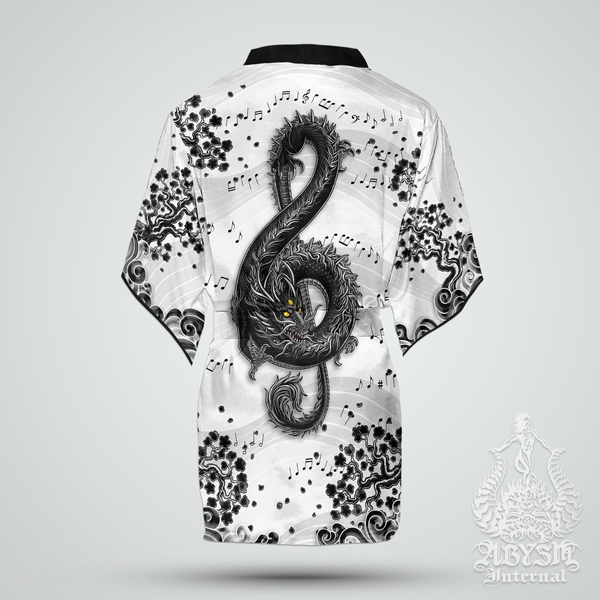 Music Cover Up, Beach Outfit, Party Kimono, Summer Festival Robe, Gothic Indie and Alternative Clothing, Unisex - Dragon, White Goth - Abysm Internal