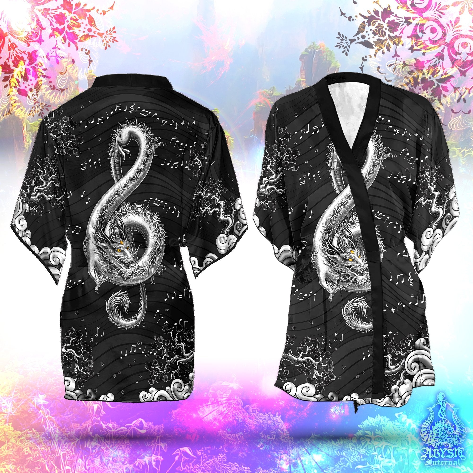 Music Cover Up, Beach Outfit, Party Kimono, Summer Festival Robe, Indie and Alternative Clothing, Unisex - Dragon, Black and White - Abysm Internal