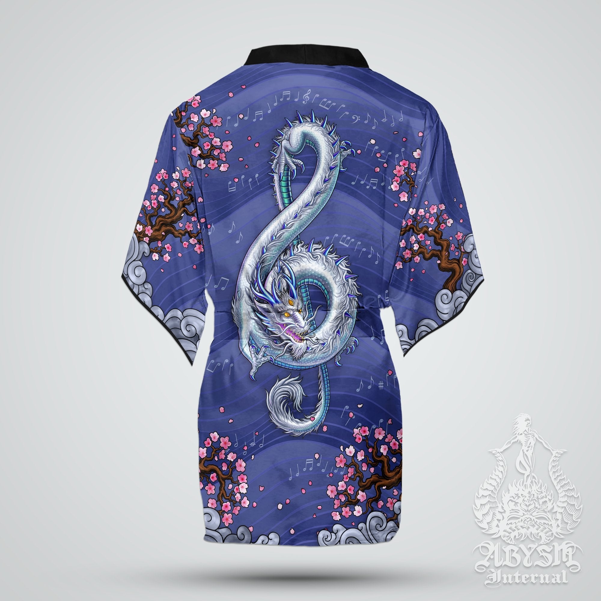 Music Cover Up, Beach Outfit, Party Kimono, Summer Festival Robe, Indie and Alternative Clothing, Unisex - Dragon, Blue - Abysm Internal