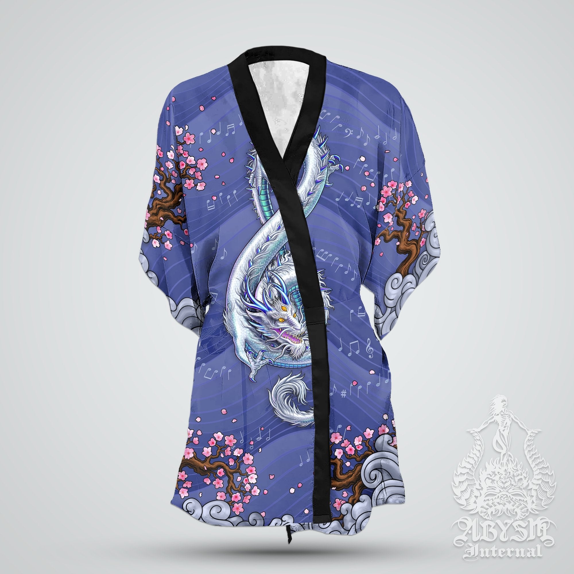 Music Cover Up, Beach Outfit, Party Kimono, Summer Festival Robe, Indie and Alternative Clothing, Unisex - Dragon, Blue - Abysm Internal