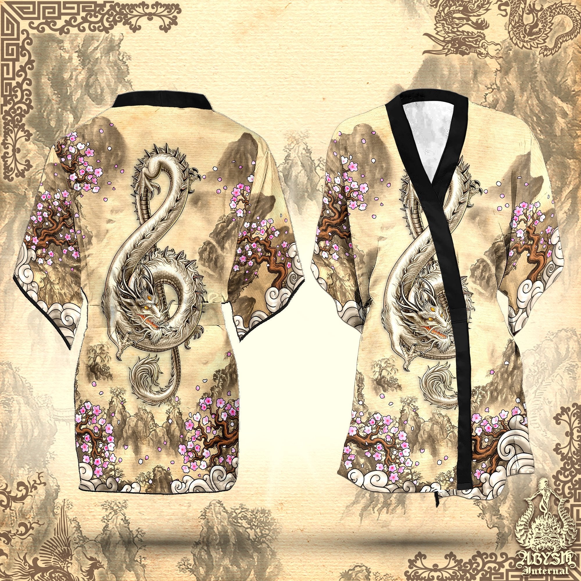 Music Cover Up, Beach Outfit, Party Kimono, Summer Festival Robe, Indie and Alternative Clothing, Unisex - Dragon, Chinese Painting - Abysm Internal