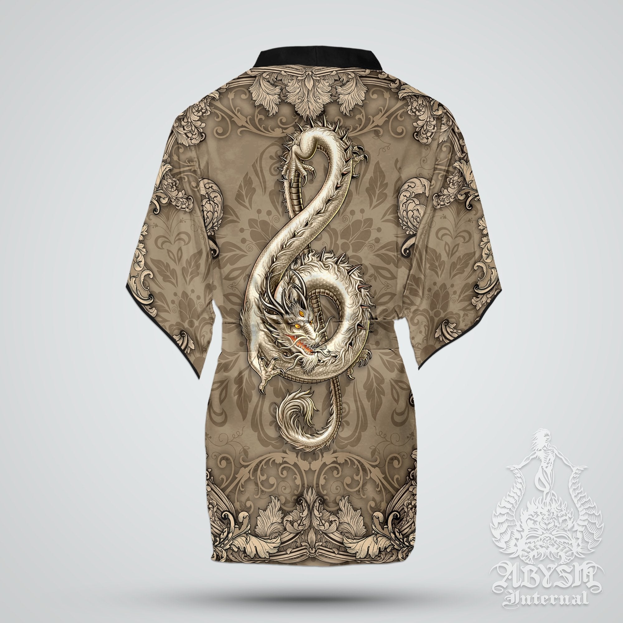 Music Cover Up, Beach Outfit, Party Kimono, Summer Festival Robe, Indie and Alternative Clothing, Unisex - Dragon, Cream - Abysm Internal