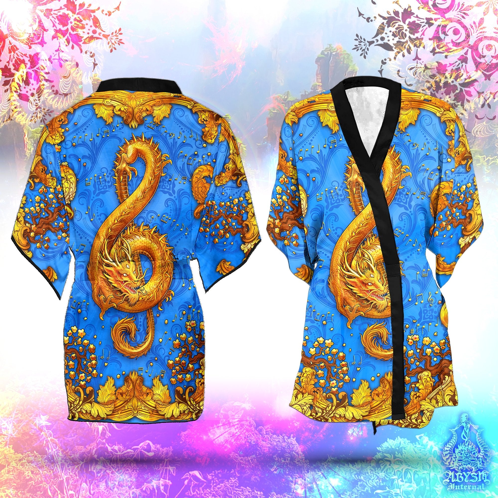 Music Cover Up, Beach Outfit, Party Kimono, Summer Festival Robe, Indie and Alternative Clothing, Unisex - Dragon, Cyan Gold - Abysm Internal