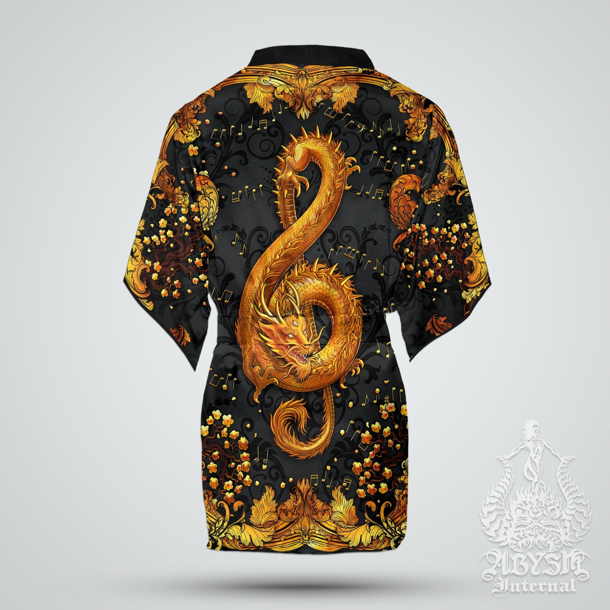 Music Cover Up, Beach Outfit, Party Kimono, Summer Festival Robe, Indie and Alternative Clothing, Unisex - Dragon, Gold Black - Abysm Internal