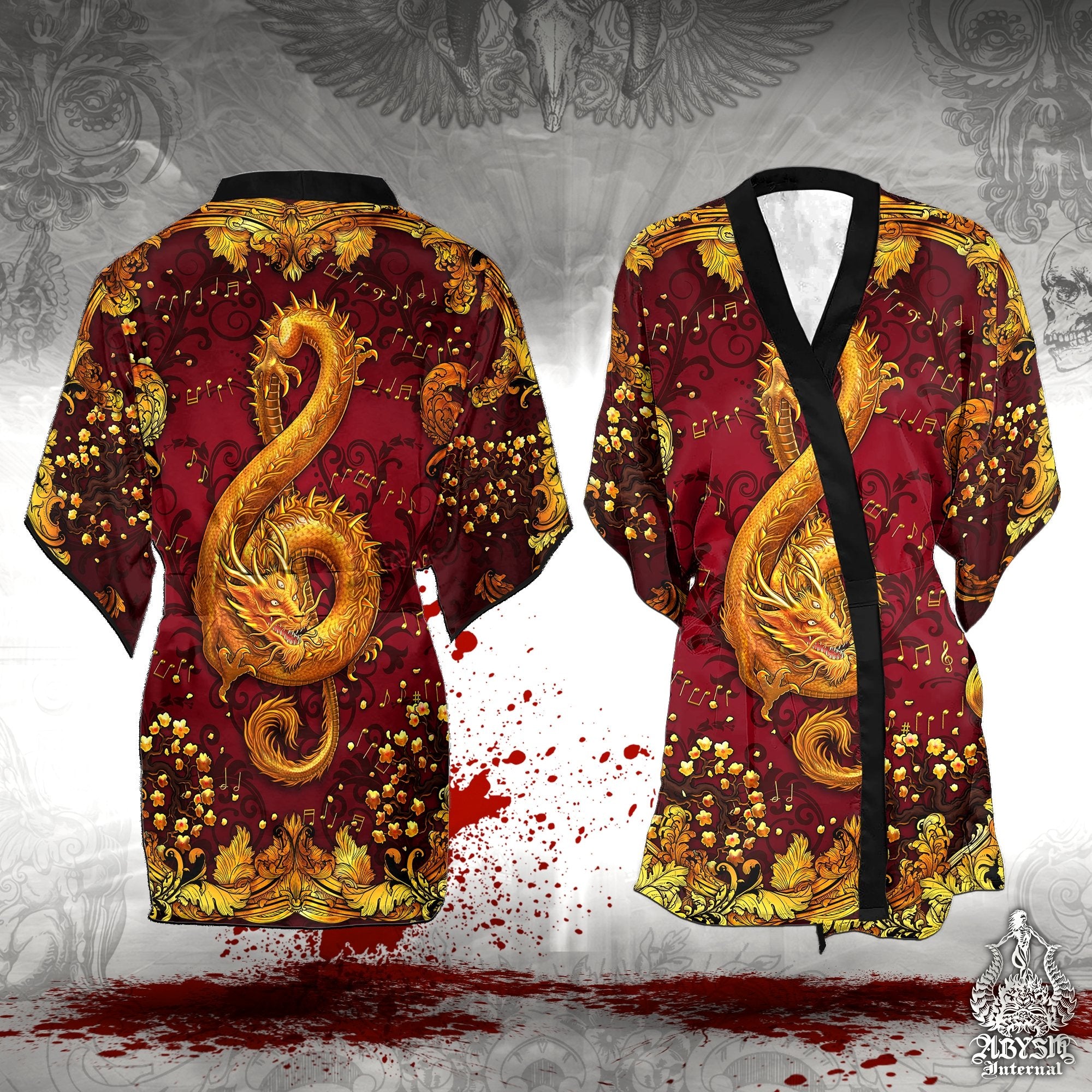 Music Cover Up, Beach Outfit, Party Kimono, Summer Festival Robe, Indie and Alternative Clothing, Unisex - Dragon, Gold Red - Abysm Internal