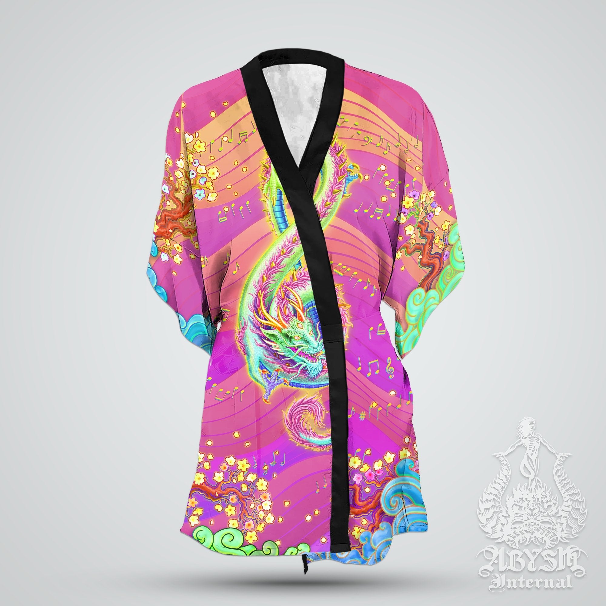 Music Cover Up, Beach Outfit, Party Kimono, Summer Festival Robe, Indie and Alternative Clothing, Unisex - Dragon, Psy Neon - Abysm Internal
