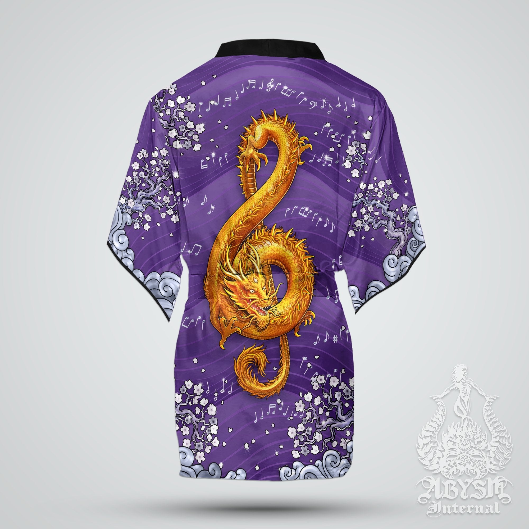Music Cover Up, Beach Outfit, Party Kimono, Summer Festival Robe, Indie and Alternative Clothing, Unisex - Dragon, Purple Gold - Abysm Internal