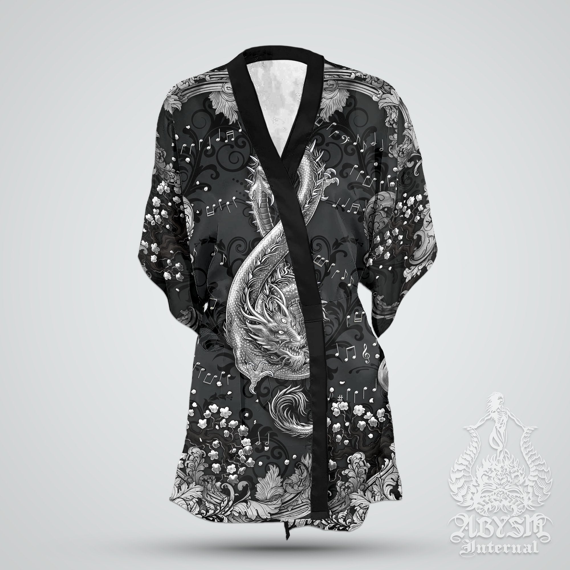 Music Cover Up, Beach Outfit, Party Kimono, Summer Festival Robe, Indie and Alternative Clothing, Unisex - Dragon, Silver Black - Abysm Internal
