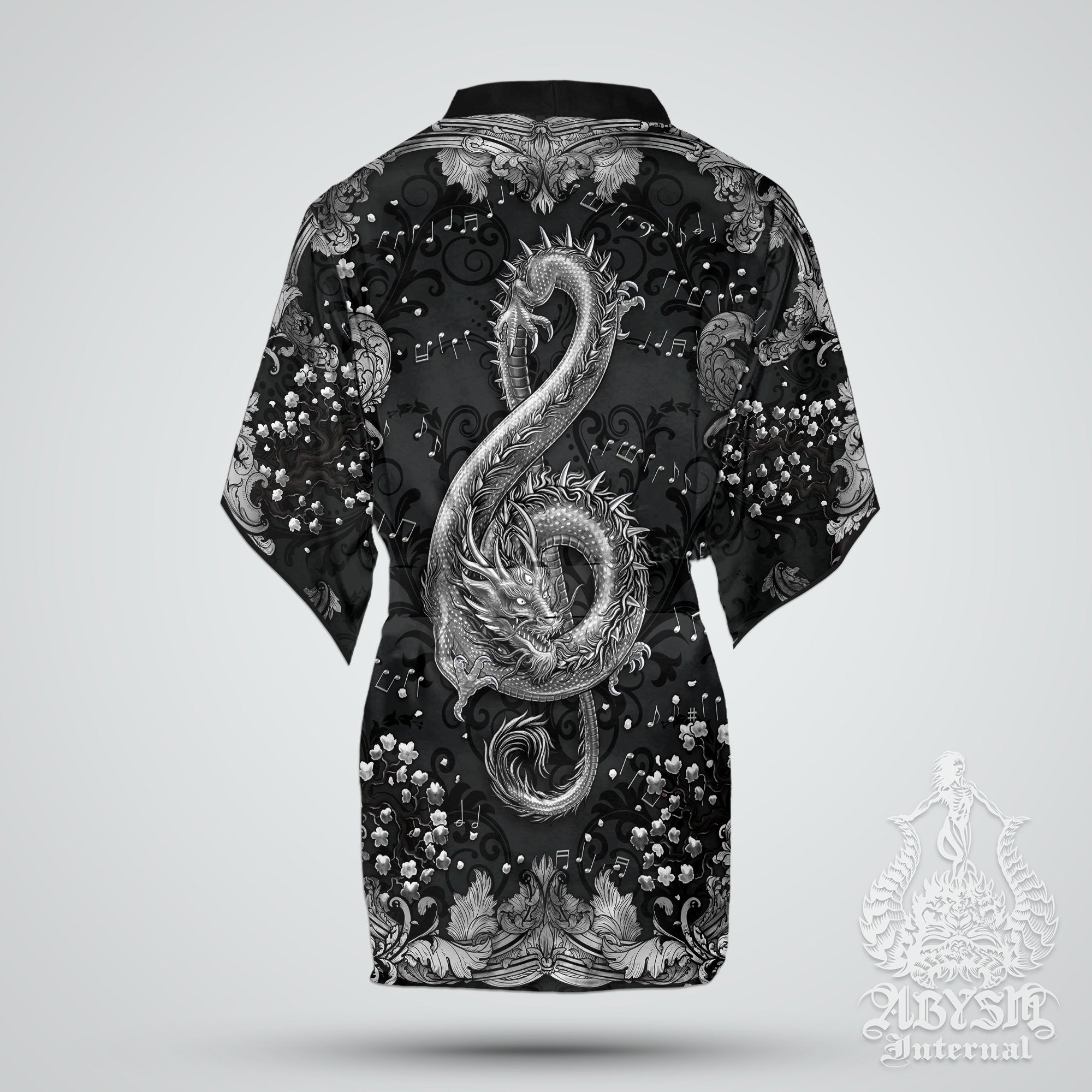Music Cover Up, Beach Outfit, Party Kimono, Summer Festival Robe, Indie and Alternative Clothing, Unisex - Dragon, Silver Black - Abysm Internal