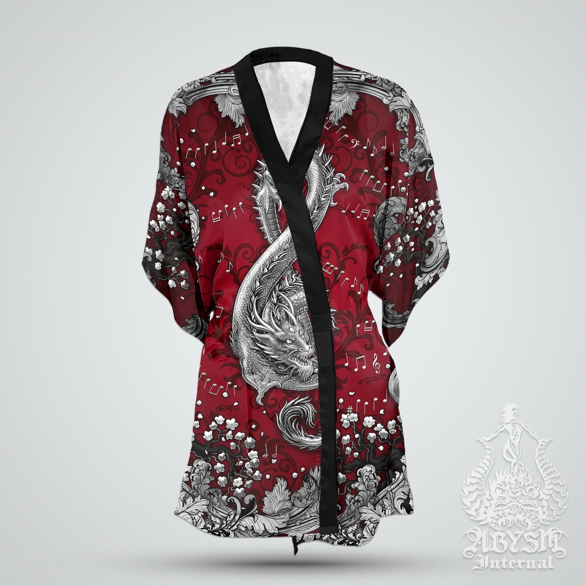 Music Cover Up, Beach Outfit, Party Kimono, Summer Festival Robe, Indie and Alternative Clothing, Unisex - Dragon, Silver Red - Abysm Internal