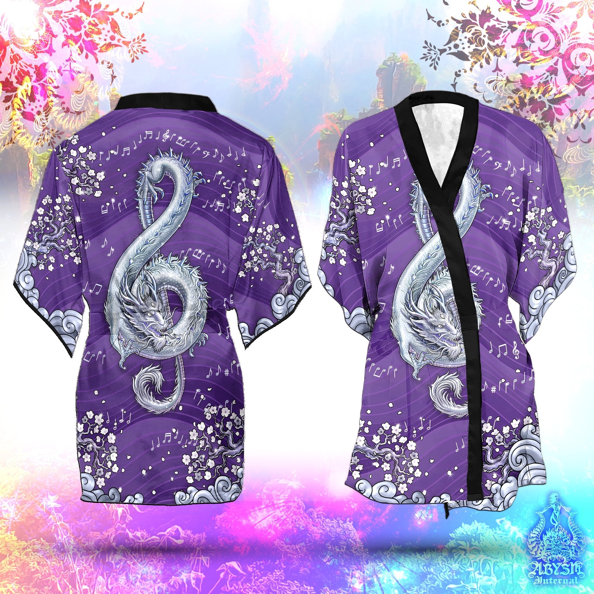 Music Cover Up, Beach Outfit, Party Kimono, Summer Festival Robe, Indie and Alternative Clothing, Unisex - Dragon, White Purple - Abysm Internal