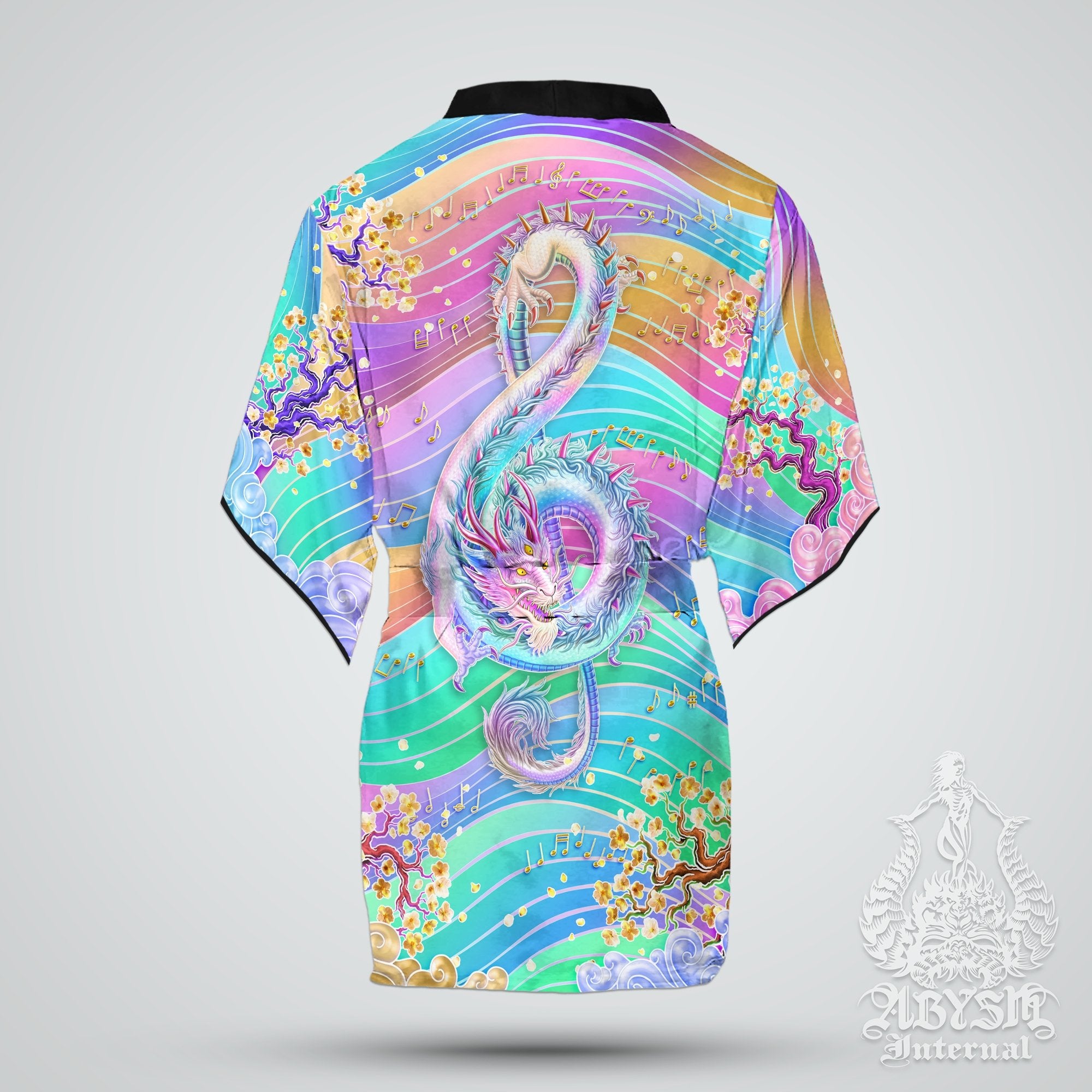 Music Cover Up, Beach Rave Outfit, Party Kimono, Summer Festival Robe, Aesthetic Indie and Alternative Clothing, Unisex - Dragon, Holographic Pastel I - Abysm Internal