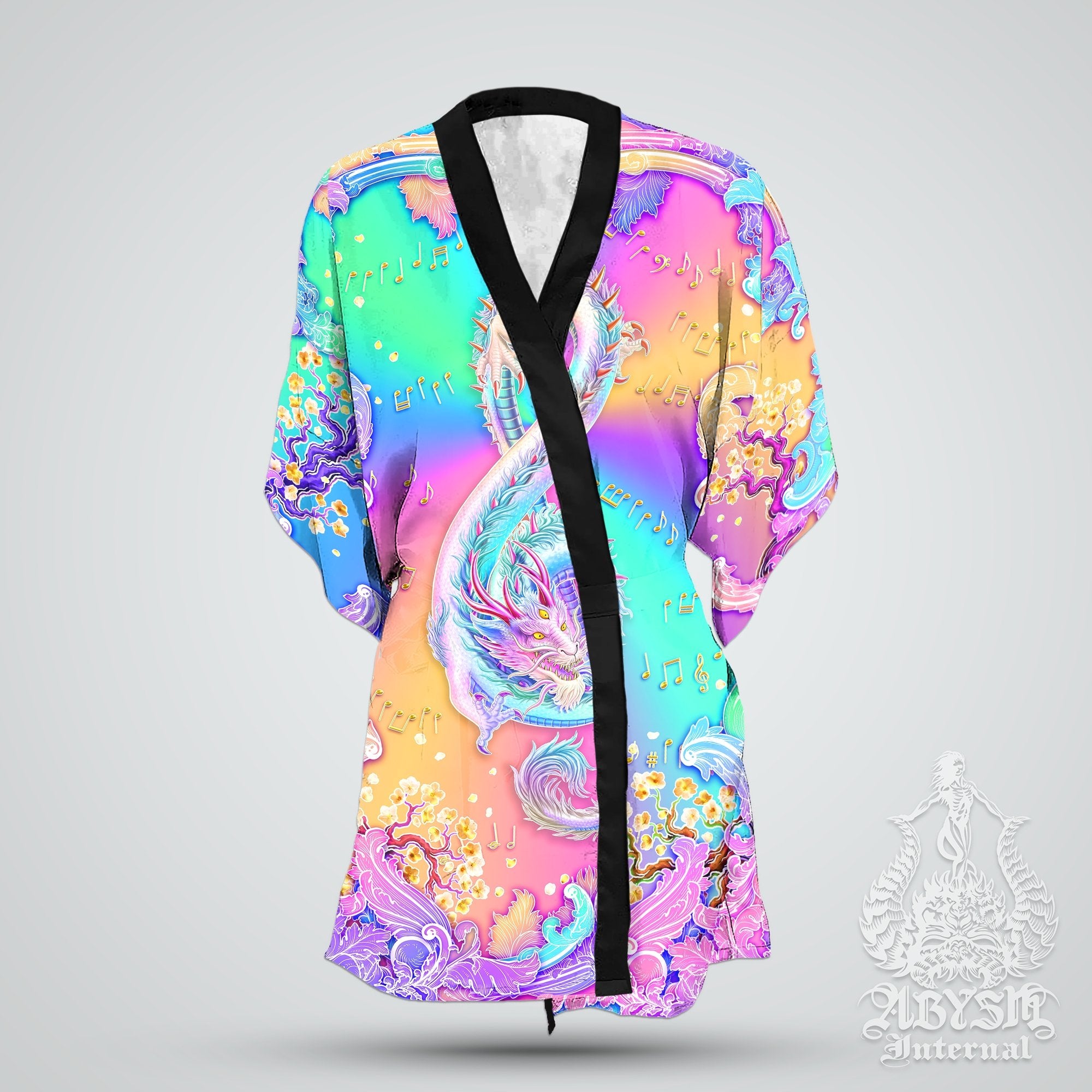 Music Cover Up, Beach Rave Outfit, Party Kimono, Summer Festival Robe, Aesthetic Indie and Alternative Clothing, Unisex - Dragon, Holographic Pastel II - Abysm Internal