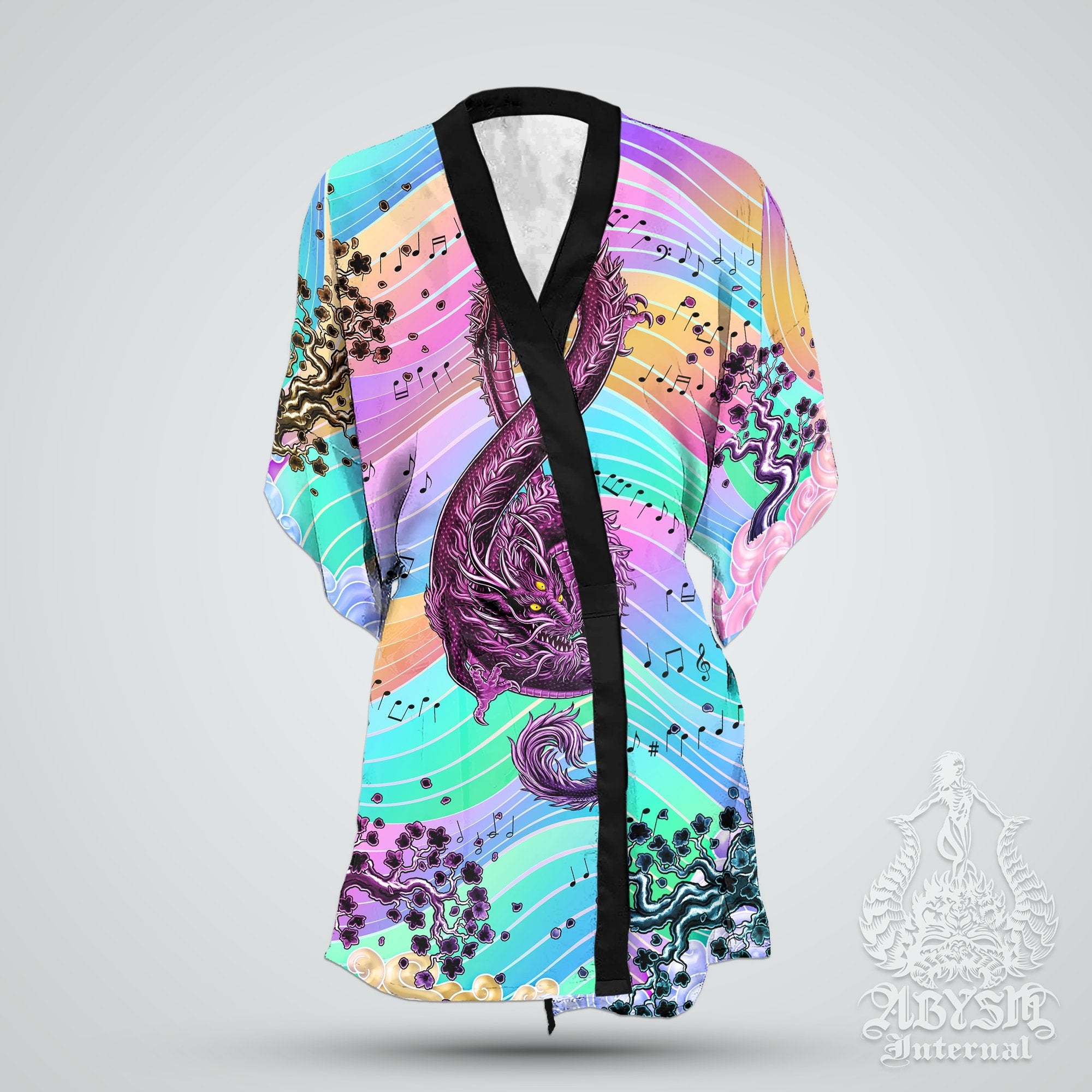 Music Cover Up, Beach Rave Outfit, Party Kimono, Summer Festival Robe, Aesthetic Indie and Alternative Clothing, Unisex - Dragon, Pastel Punk Black I - Abysm Internal