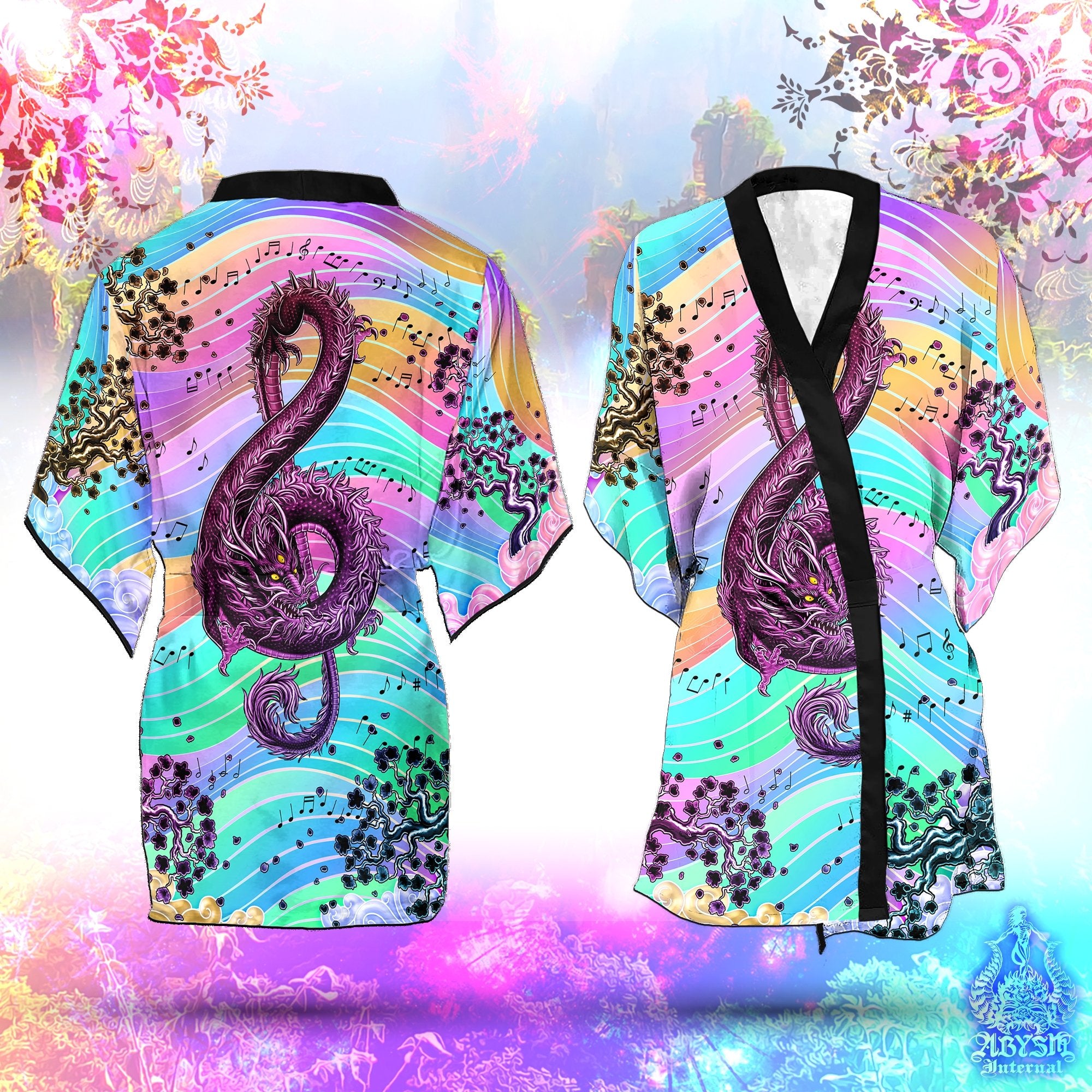 Music Cover Up, Beach Rave Outfit, Party Kimono, Summer Festival Robe, Aesthetic Indie and Alternative Clothing, Unisex - Dragon, Pastel Punk Black I - Abysm Internal